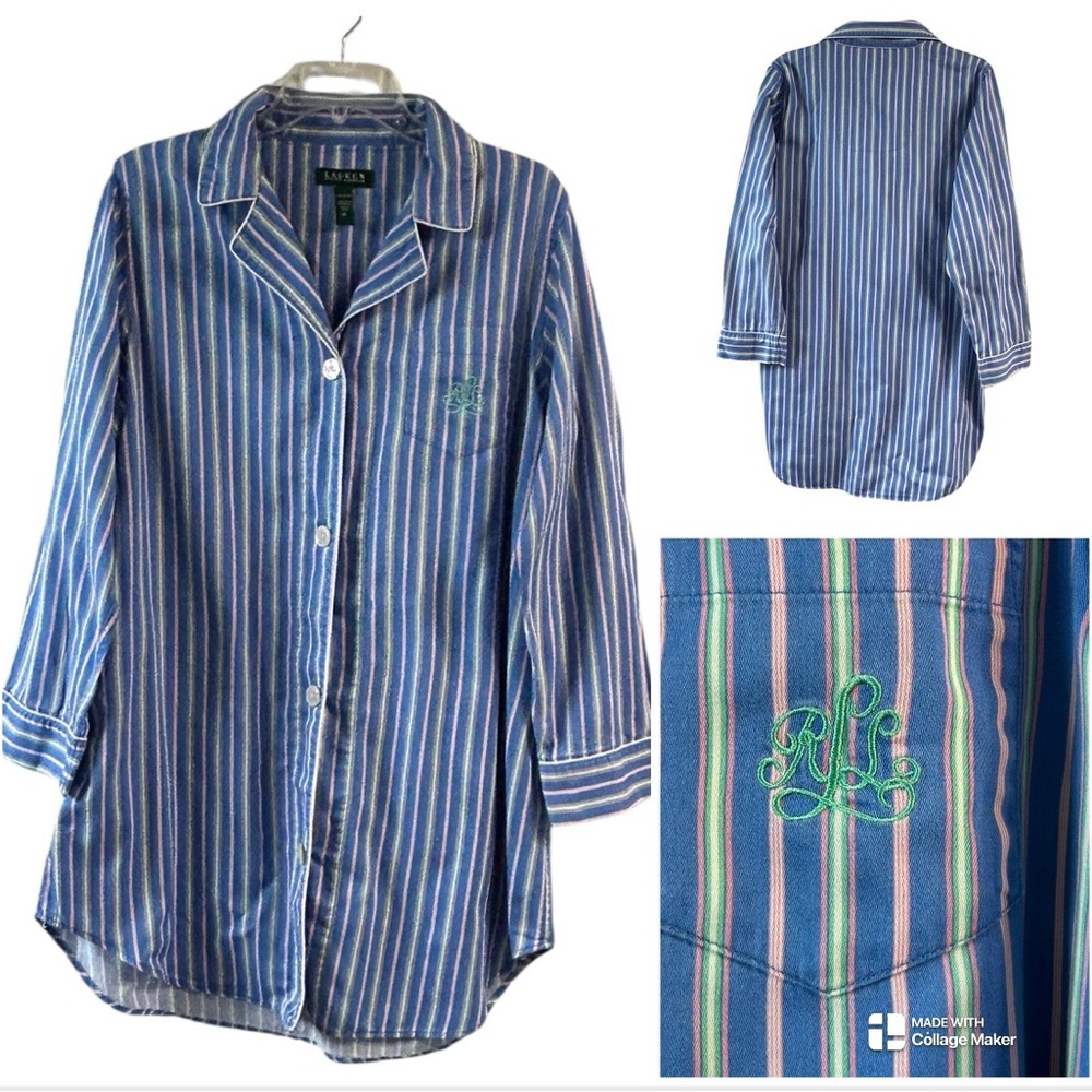 Ralph Lauren Blue Pink Striped Cotton Sleep Shirt